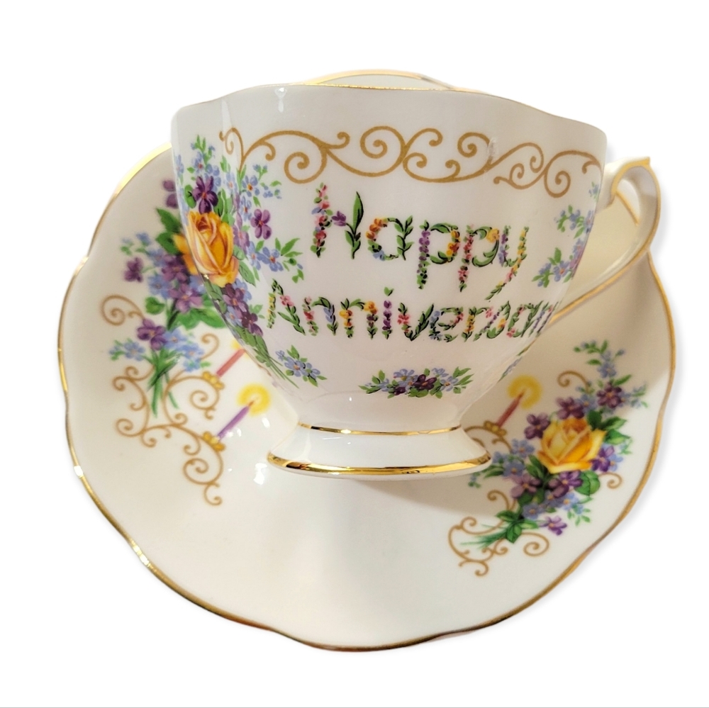 Vintage Queen Anne Cup And Saucer - Happy Anniversary Yellow Roses Set